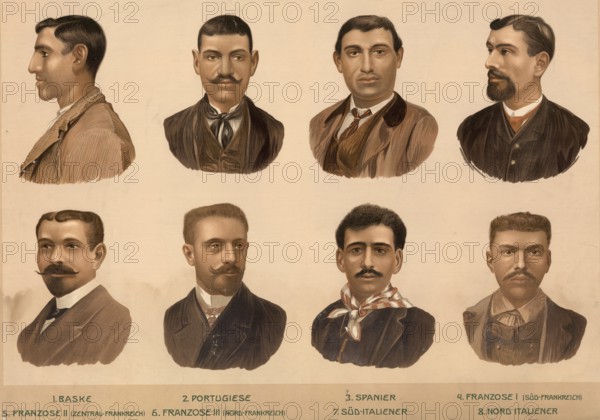 Schematic diagram, European ethnic types: Basque, Portuguese, Spanish, Southern French, French,