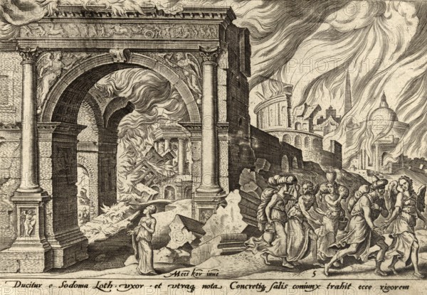 From The Disasters of The Jewish People: Lot and his family leaving the burning Sodom, found in