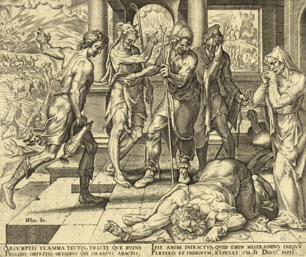 Biblical story of Job, a central scene from the biblical book of Job, in which messengers tell the
