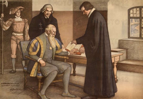 The painting shows a historical scene of the Finnish-Swedish Reformation. It depicts the Swedish