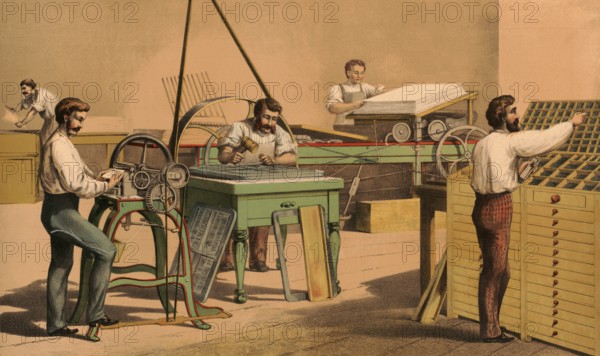 Traditional craft, printer and typesetter in a printing house around 1920, illustration,
