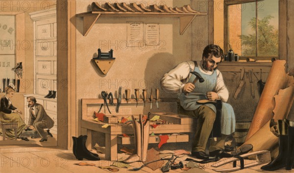 Traditional craft, Schumacher at work in his workshop, shoemaker, around 1920, illustration,