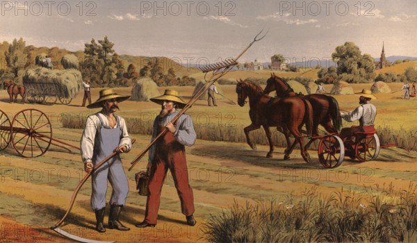 Farmers harvesting hay, around 1920, illustration, reproduction from a model from the 19th century.