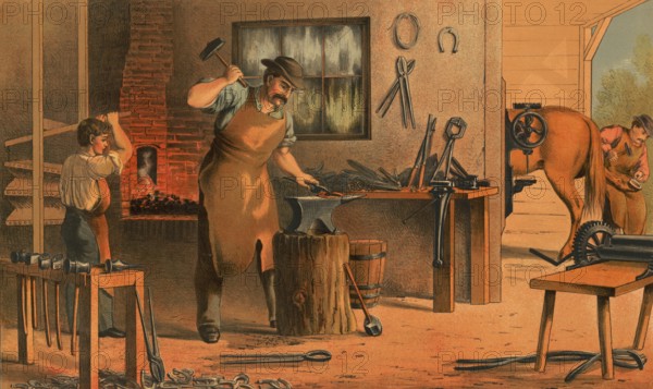 Traditional craft, blacksmith, blacksmith at work, blacksmith, around 1920, illustration,