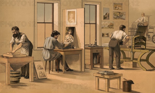 Traditional craft, lithograph, work in a lithographic company, lithographic printing process,