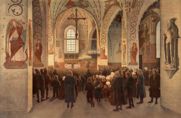 Religion, Catholic pilgrims in a pilgrimage church in Finland, around 1550, illustration,