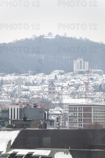 March 18, 2018, winter view with snow toward Mount Scherbelino from main station tower, Stuttgart,