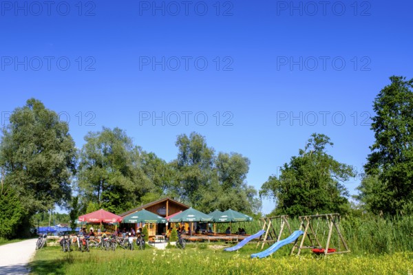 Fischhütte horse-rider am Chiemsee bei Stock, Prien, Chiemgau, Upper Bavaria, Bavaria, Bavaria,