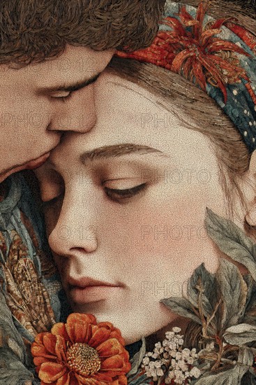 Couple in a romantic embracement, Painting like composition, AI generated