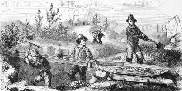 Gold seekers mining, USA, hilly landscape, mineral resources, precious metal, tools, hoe and