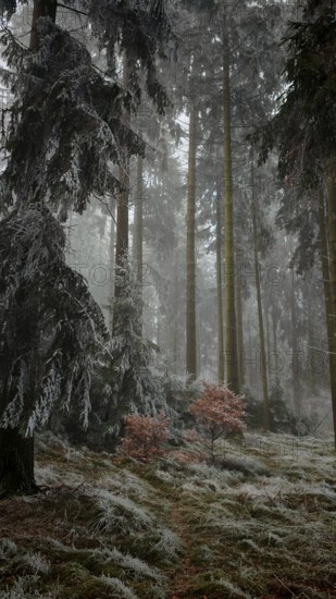 A cloud forest with frost-covered fir trees and a small reddish bush that creates a quiet and