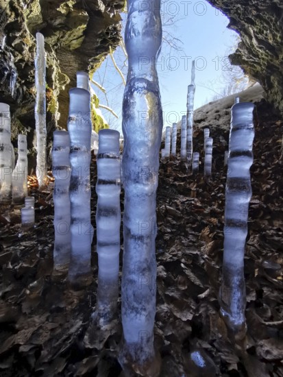 Ice stalagmites, icicles, cave, Frankenwaldsteigla, hiking trail, Frankenwald nature park Park,