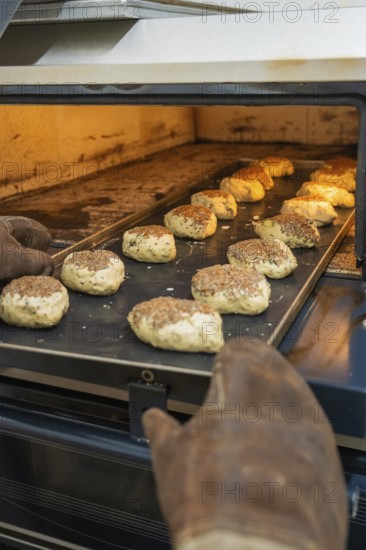 Rolls with linseeds on a sheet in the oven are baked, rolls are baked, Haselstaller Hof, Gechingen,