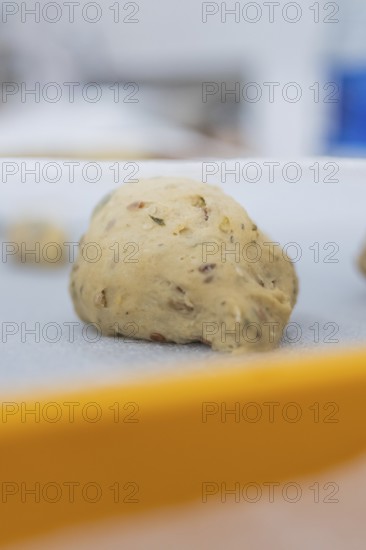 Close-up of an unbaked dough piece on a baking sheet, baking rolls, Haselstaller Hof, Gechingen,
