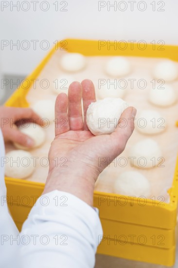A baker holds a dough ball over several other dough balls in a yellow box, bake rolls, Haselstaller