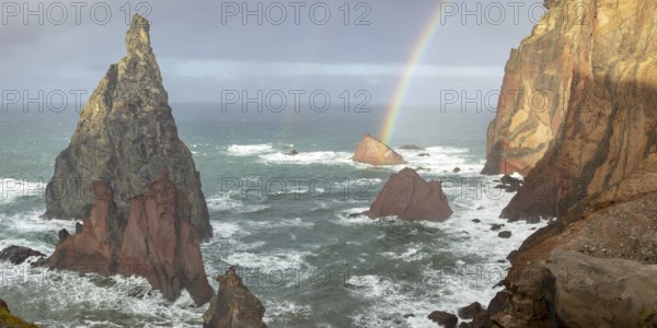 Sunset, rainbow at sea, volcanic peninsula, Ponta de São Lourenço, Ponta de Sao Lourenco, rocky