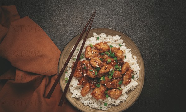 Fried chicken teriyaki with rice, green onion and sesame, homemade, no people