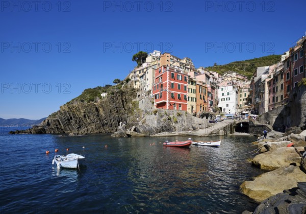 Colourful houses under blue sky, view of the fishing village of Riomaggiore, boats in the harbour,
