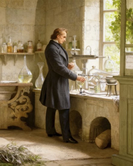 Justus Freiherr von Liebig, German chemist and scientist, digitally edited, in his laboratory at