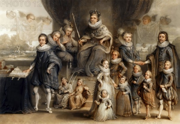 James VI and I, James Charles Stuart, 1566 – 1625, King of England, with his family and his Royal