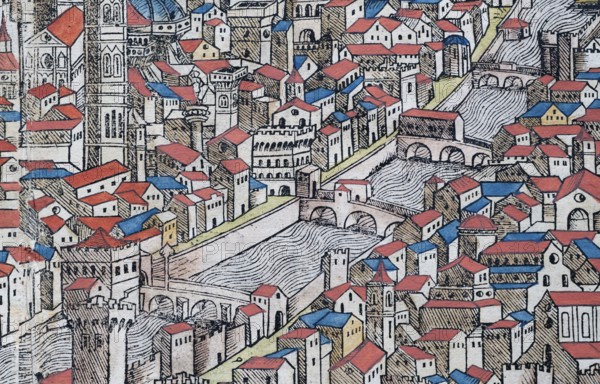 Old town of Florence or Florencia with river Arno, colored woodcut from: Nuremberg Chronicle or