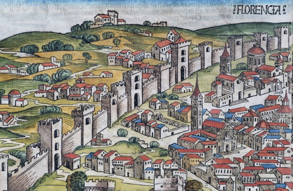 City wall of Florence or Florencia, colored woodcut from: Nuremberg Chronicle or Schedel's World