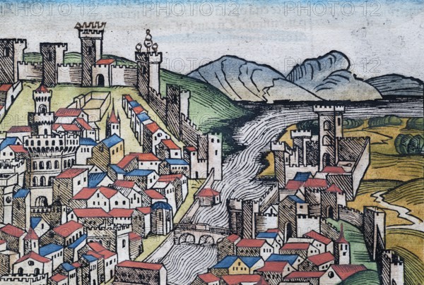 Detail of the old town of Florence or Florencia with the river Arno, colored woodcut from: