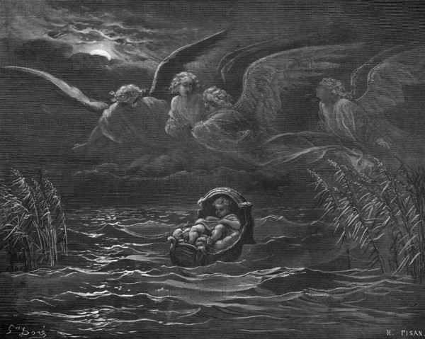 Moses suspension in reeds on the banks of the Nile, story, exodus, second book of Moses, chapter 2,