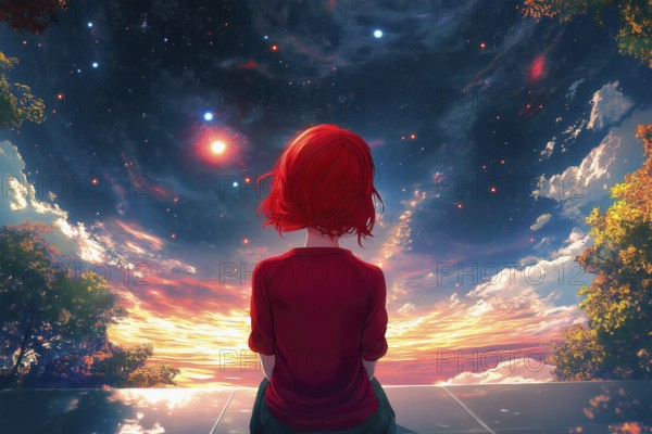 Anime girl with red hair captivated by the vision of a universe full of planets and stars, AI