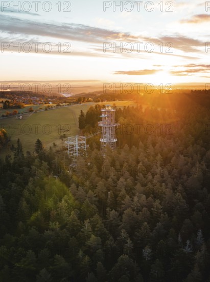 Panorama with observation tower in the middle of a forest at sunset, observation tower Himmelsglück