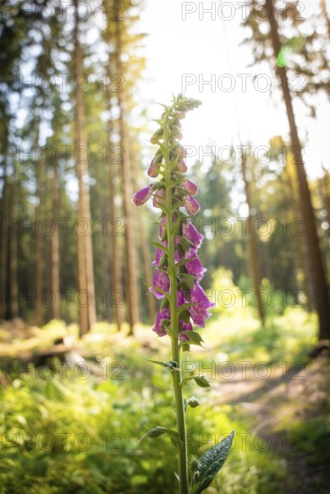A purple foxglove flower in the forest in sunlight between tall trees, Himmelsglück observation