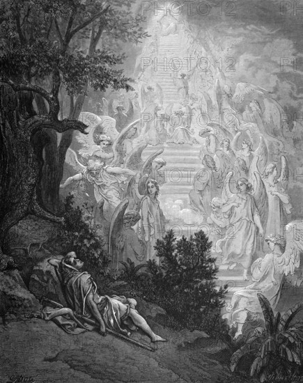 First book of Moses, chapter 28, verse 12, Jacob's dream of a ladder from earth to heaven, angels