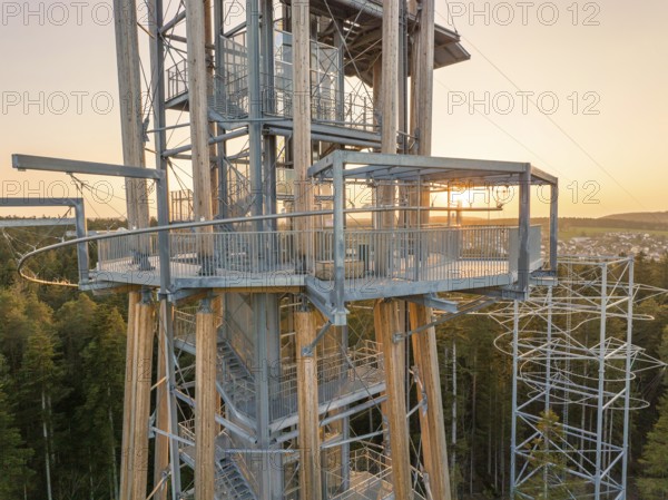 Close-up of observation tower platforms at sunset, Himmelsglück observation tower with Flying Fox,