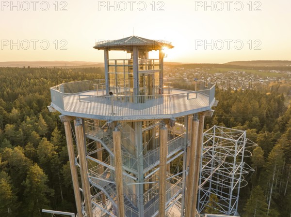 Higher view of the observation tower and surrounding forests in sunlight, Himmelsglück observation