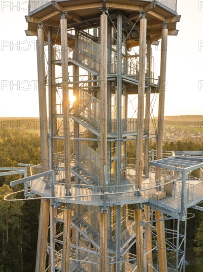 Detailed view of a metallic observation tower in the forest at sunset, Himmelsglück observation