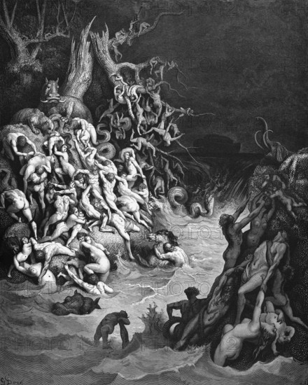 Genesis, chapter 7, verse 19, The flood, the earth is flooded, masses of water rise higher and