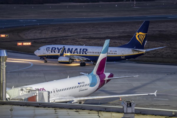 Ryanair Boeing 737-800 after landing at Cologne/Bonn airport, on the taxiway to the terminal,