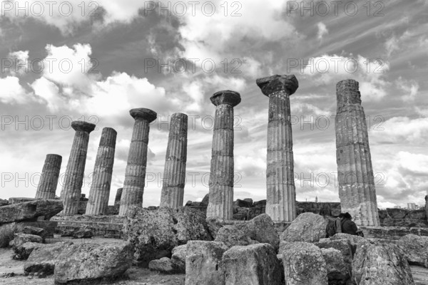 Eight pillars, Temple of Heracles, ruins in the Valley of the Temples, restoration, monochrome,