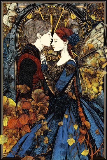 Tarot card The Lovers showing a couple in a romantic embracement symbolizing the concept of Love,
