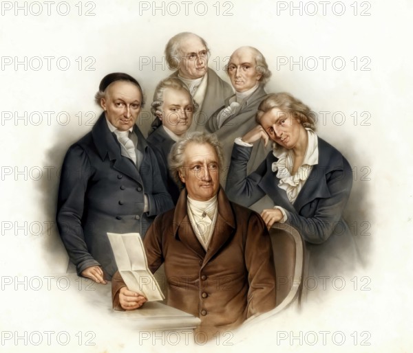 Portraits of six German poets: Johann Wolfgang von Goethe, Friedrich Schiller, Christoph Martin