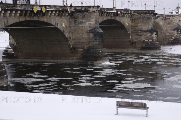 Dresden in winter, Elbe with ice floes, Saxony, Germany