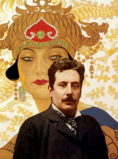 Portrait of Giacomo Puccini, digitally edited according to a photograph, promotional poster for