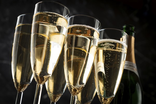 Champagne glasses and a champagne bottle against a black marbled background