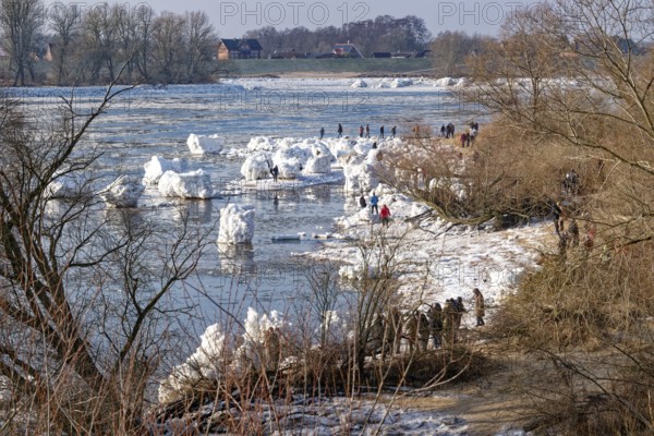 Many visitors look at the icebergs on the water of the Elbe and on the banks of the Elbe Island