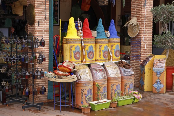 Sales stand selling spices and herbs at a market in Marrakech, historic old town, Medina, UNESCO
