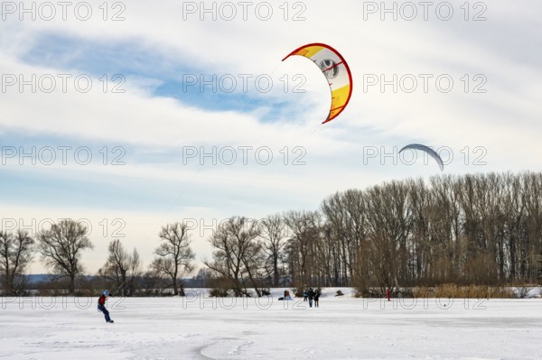 Skating on the ice of Lake Dümmer, ice skating on winter Dümmer, Eickhöpen, Lembruch, Lower Saxony,