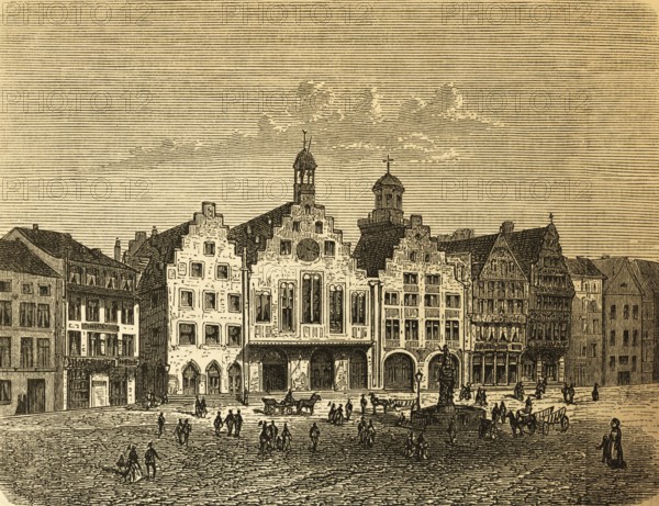 The Roman in Frankfurt am Main, central square, city center, people, fountains, gabled houses,