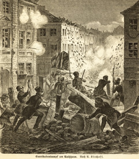 Barricade fight at the town hall, Berlin uprising on March 18, 1848, street, protest, fighting,