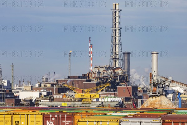 BASF factory site with chemical plants and chimneys. Baden aniline and soda factories. Chemical