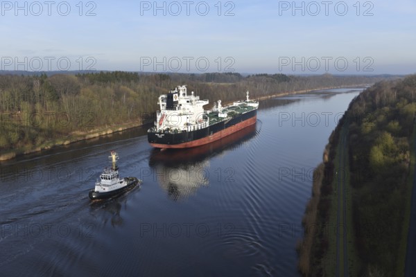 Tanker, oil tanker MIAMI LIGHT sails with a tug through the Kiel Canal, NOK, Kiel Canal, Kiel